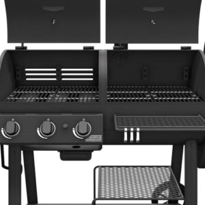 "Smoking and grilling just got a whole lot easier with the Canyon Charcoal and Propane Gas Combination Smoker and Grill. Perfect for BBQ enthusiasts, this black steel model features dual fuel capabilities and a compact design."