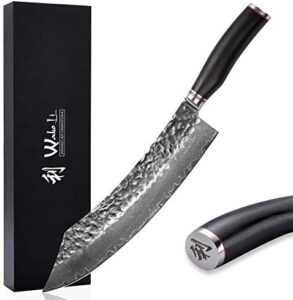 Experience exceptional cutting performance with Wakoli's 12-inch Damascus chef knife featuring a VG10 core and 67-layer Damascus steel. Perfect for meat cutting, this sharp kitchen knife comes with a dark oak wood handle and is great value at under $100.