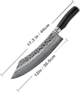 Experience exceptional cutting performance with Wakoli's 12-inch Damascus chef knife featuring a VG10 core and 67-layer Damascus steel. Perfect for meat cutting, this sharp kitchen knife comes with a dark oak wood handle and is great value at under $100.