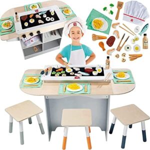 Here is the generated SEO meta description:

"Bring pretend play to life with this Hibachi Grill Wooden Kids Playset featuring stools, table settings and over 25 toy food pieces for endless culinary adventures. Perfect for indoor Japanese restaurant stands!"