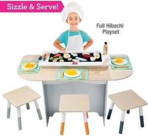 Here is the generated SEO meta description:

"Bring pretend play to life with this Hibachi Grill Wooden Kids Playset featuring stools, table settings and over 25 toy food pieces for endless culinary adventures. Perfect for indoor Japanese restaurant stands!"