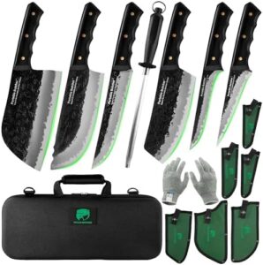 Discover a versatile 15-piece Japanese chef/butcher knife set perfect for kitchen and camping use. Includes high-carbon steel hand-forged boning meat cleaver and sturdy box storage.