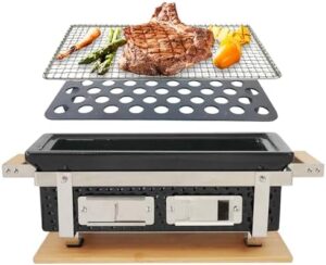 Savor authentic Japanese flavors indoors and out with the Yakitori Ceramic Charcoal Grill, featuring a bamboo heat shield for safe cooking, square design (16"x9") perfect for small spaces. Enjoy discounts on this unique BBQ experience!