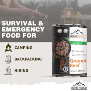 Stock up on emergency food storage with Mountain Essentials Ground Beef, fully cooked and ready to eat. Enjoy 14oz servings for up to 5 years. Perfect for quick meals and bulk storage. Pack of 24 cans made in the USA.