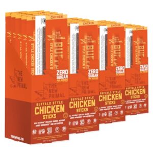 Satisfy your snack cravings with New Primal Buffalo Chicken Sticks, keto-friendly, gluten-free, and sugar-free. Enjoy 9g protein per serving in these low-carb, high-protein snacks (80-pack).