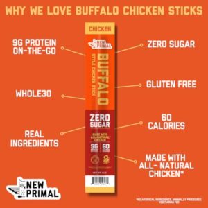 Satisfy your snack cravings with New Primal Buffalo Chicken Sticks, keto-friendly, gluten-free, and sugar-free. Enjoy 9g protein per serving in these low-carb, high-protein snacks (80-pack).
