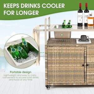 Elevate your outdoor gatherings with the HOMEFUN Outdoor Kitchen Island Wicker Serving Console Cart & Grill Bar Table. Waterproof design, wheels for easy mobility, and an ice bucket included - perfect for backyard BBQs and parties!