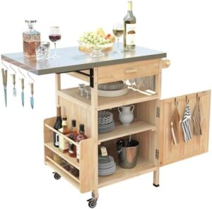Here is the generated SEO meta description:

"Upgrade your outdoor cooking space with this stainless steel top grill cart featuring storage compartments and a drop leaf for extra counter space. Perfect for patios, backyards, gardens, or poolside."