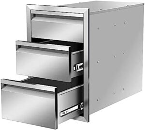 Elevate your outdoor kitchen with this Stainless Steel BBQ triple drawer, featuring flush mount design and compact dimensions: -14W x 21H x 23D Inch. Perfect for organizing utensils and cookware.