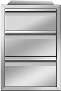 Elevate your outdoor cooking experience with stainless steel triple-access BBQ drawers, perfect for patio grill stations or kitchen islands. Compact design: -14W x 21H x 23D inches.