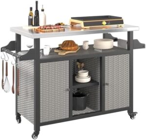 "Discover the ultimate outdoor entertainment space with this grill cart featuring a stainless steel top, storage shelf, and rattan design. Perfect for patio gatherings and BBQs."