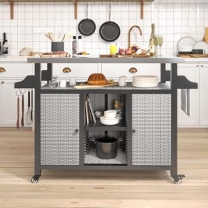 "Discover the ultimate outdoor entertainment space with this grill cart featuring a stainless steel top, storage shelf, and rattan design. Perfect for patio gatherings and BBQs."