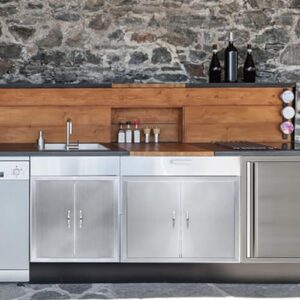 Enhance your outdoor grilling experience with the BBQ Access Door featuring double doors and brushed stainless steel design, perfect for BBQ island installations.