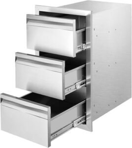 Here is the generated SEO meta description:

"Upgrade your outdoor kitchen with this stainless steel triple drawer, perfect for grill stations and islands. Compact 14W x 21H x 23D design, ideal for small spaces."