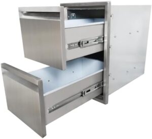 Enhance your outdoor cooking experience with this stainless steel double layer BBQ island drawer, featuring a flush mount design for seamless integration into your grill station or kitchen. Perfect for storing utensils and condiments, measures 13W x 20.5H x 21D inches.