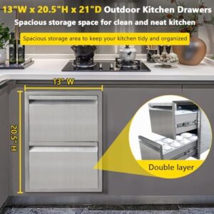 Enhance your outdoor cooking experience with this stainless steel double layer BBQ island drawer, featuring a flush mount design for seamless integration into your grill station or kitchen. Perfect for storing utensils and condiments, measures 13W x 20.5H x 21D inches.