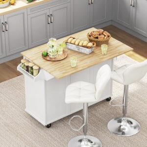Explore the ultimate kitchen companion - Yaheetech's Kitchen Island Cart with Drop-Leaf Countertop! Features a spacious storage cabinet and 3 drawers, plus a spice rack. Perfect for dining rooms or kitchens, this 53" wide cart on wheels offers flexibility and convenience.