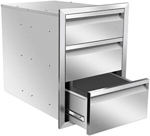 Discover stainless steel outdoor kitchen drawers with a handle, perfect for grill stations or BBQ islands. Flush mount design and double compartments for ample storage.