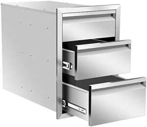 Discover stainless steel outdoor kitchen drawers with a handle, perfect for grill stations or BBQ islands. Flush mount design and double compartments for ample storage.