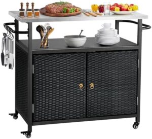 Enhance your outdoor living space with this versatile storage cabinet featuring rattan patio bar tables and wheels. Perfect for kitchen islands, BBQs, and backyards.