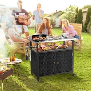 Enhance your outdoor living space with this versatile storage cabinet featuring rattan patio bar tables and wheels. Perfect for kitchen islands, BBQs, and backyards.
