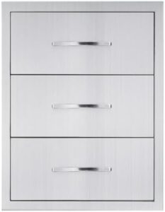 Discover seamless storage with these stainless steel outdoor kitchen drawers. Three flush-mount drawers provide ample space for utensils and accessories, measuring 18" W x 24" H x 23" D.