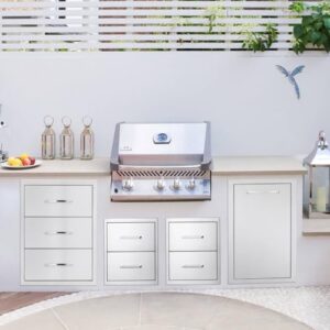 Discover seamless storage with these stainless steel outdoor kitchen drawers. Three flush-mount drawers provide ample space for utensils and accessories, measuring 18" W x 24" H x 23" D.