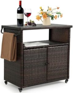 Elevate your outdoor gatherings with the HOMEFUN Grill Carts featuring a storage cabinet and wheels. Perfect for patio use, this weatherproof stand includes a wicker top and brown finish.