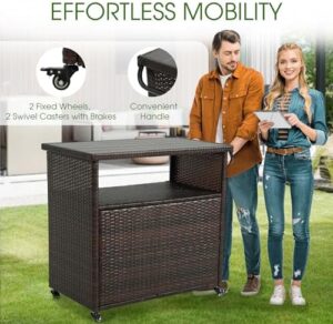 Elevate your outdoor gatherings with the HOMEFUN Grill Carts featuring a storage cabinet and wheels. Perfect for patio use, this weatherproof stand includes a wicker top and brown finish.