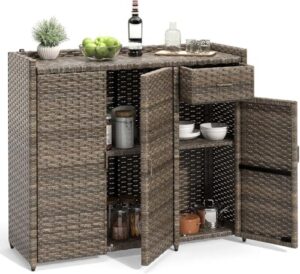 Discover the YITAHOME outdoor storage cabinet, weather-proof rattan bar table with 2 doors, adjustable shelves & foldable drawer. Perfect for storing pool tools, garden items and outdoor cushions in a stylish brown design.