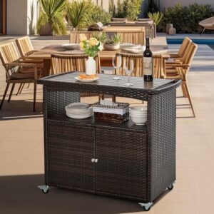 Discover the ultimate outdoor bar cart with storage, featuring a wicker cabinet and rolling wheels. Perfect for patio gatherings, this versatile serving table includes shelves, doors, and a handle.