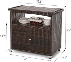 Discover the ultimate outdoor bar cart with storage, featuring a wicker cabinet and rolling wheels. Perfect for patio gatherings, this versatile serving table includes shelves, doors, and a handle.