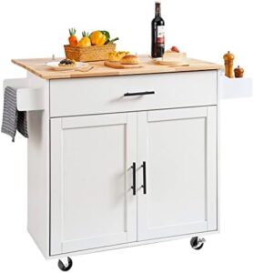 Here is the optimized SEO meta description:

"Maximize your kitchen space with VEVOR's mobile cart featuring a solid wood top, storage cabinet, spice rack, and towel rack. Portable and rolling for easy movement."