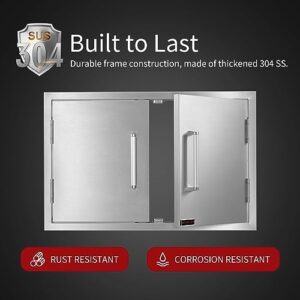 "Upgrade your outdoor kitchen with Whistler's stainless steel double access doors featuring a built-in paper towel holder. Perfect for grill stations, these 33W x 22H doors provide easy access and storage."
