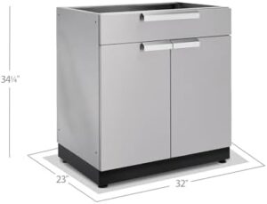 Here is the optimized SEO meta description:

"Upgrade your outdoor kitchen with this stainless steel cabinet from NewAge Products. Features a spacious 2-door design, perfect for storing BBQ essentials. Dimensions: 32in W x 22in D x 38.5in H."