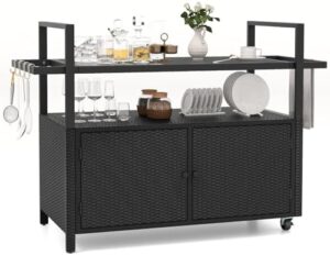 Discover the Tangkula Outdoor Bar Cart Table, perfect for porch gatherings and poolside parties. Enjoy tempered glass top, storage cabinet, and 8 hooks in a sturdy wicker design, ideal for outdoor living spaces.