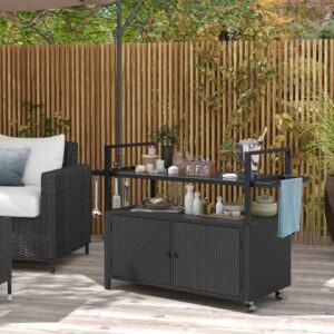 Discover the Tangkula Outdoor Bar Cart Table, perfect for porch gatherings and poolside parties. Enjoy tempered glass top, storage cabinet, and 8 hooks in a sturdy wicker design, ideal for outdoor living spaces.