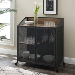 Enhance your home decor with the Walker Edison Malcomb Urban Industrial Metal Mesh Double Door Rolling Bar Cabinet, featuring a rustic oak finish and 33-inch width. Perfect for entertaining!