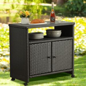 Get organized and upgrade your outdoor gatherings with this weather-proof wicker storage cabinet, featuring a movable patio bar table with wheel, perfect for indoor or outdoor use.