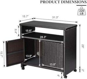 Get organized and upgrade your outdoor gatherings with this weather-proof wicker storage cabinet, featuring a movable patio bar table with wheel, perfect for indoor or outdoor use.