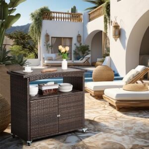 Discover the perfect outdoor storage cabinet for your patio bar cart, featuring rolling wheels, shelves, and a handle. Store and serve with ease in this brown wicker buffet cabinet.