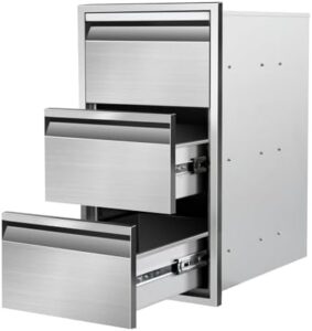 Discover stainless steel triple drawers for your outdoor kitchen island or patio grill station. Perfectly sized at 14" W x 25.4"H x 21"D, this built-in drawer is ideal for BBQ enthusiasts and cooking aficionados alike.