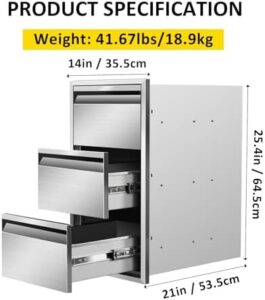Discover stainless steel triple drawers for your outdoor kitchen island or patio grill station. Perfectly sized at 14" W x 25.4"H x 21"D, this built-in drawer is ideal for BBQ enthusiasts and cooking aficionados alike.