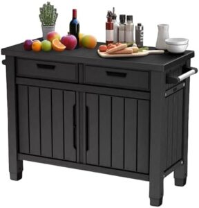 Discover the ultimate outdoor living solution with this X-Large graphite gray grill table featuring storage drawers, buffet space, and entertainment possibilities. Perfect for large gatherings!