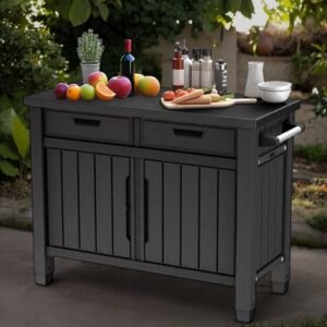 Discover the ultimate outdoor living solution with this X-Large graphite gray grill table featuring storage drawers, buffet space, and entertainment possibilities. Perfect for large gatherings!