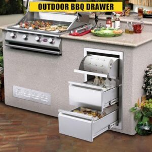 Upgrade your outdoor kitchen with stainless steel double access drawers and paper towel holder combo, perfect for BBQ grill stations.
