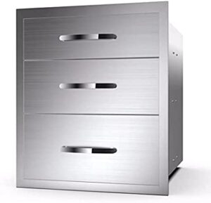Elevate your outdoor kitchen game with these stainless steel drawers featuring a chrome handle, perfect for storing utensils and accessories.