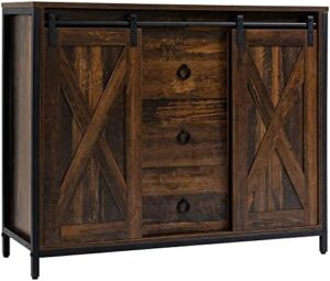 Bring rustic charm to your living room with the HOMCOM Industrial Farmhouse Buffet Cabinet, featuring sliding barn doors, three drawers, and adjustable shelves. Perfect for storage and display!