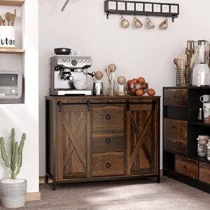 Bring rustic charm to your living room with the HOMCOM Industrial Farmhouse Buffet Cabinet, featuring sliding barn doors, three drawers, and adjustable shelves. Perfect for storage and display!