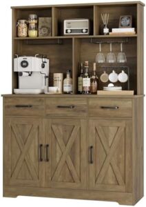 Discover the HOSTACK Buffet Cabinet with Hutch, featuring 3 drawers and a barn door coffee bar station. Ideal for modern farmhouse kitchens, this rustic brown storage cabinet offers ample space for dining essentials.
